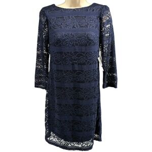 Navy Lace Cocktail Dress Petite 4P 3/4 Sleeve Knee Length NWT Jessica Howard